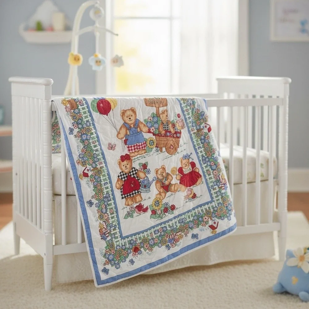 Vintage Teddy Bear Garden Quilted Baby Blanket Floral Picket Fence Nursery Blue
